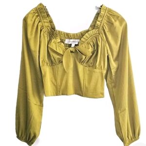Lily White Crop Top Long Sleeves Green Chartreuse Satin Coquette Fairy